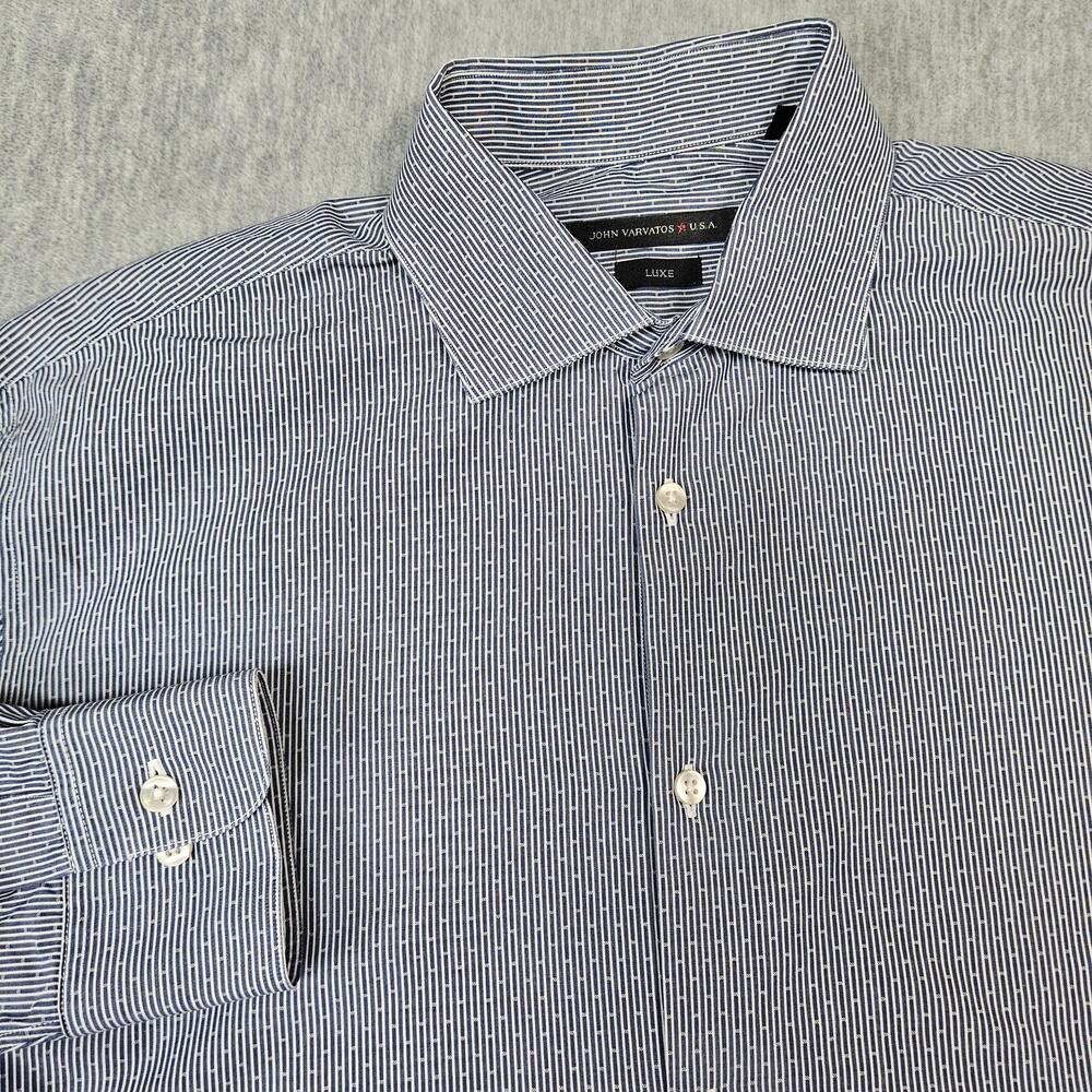 John Varvatos Luxe Shirt Mens 16 Blue White Geometric Stripes Made In USA